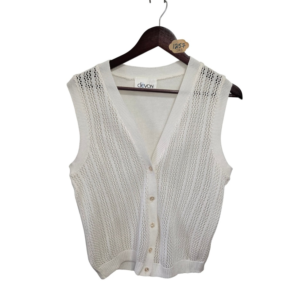 Vintage 70s Devon White Knit Vest Button Front Crochet Sleeveless Cardigan USA M